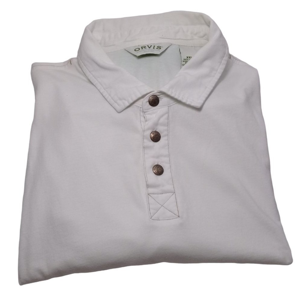 Orvis Men's 100% Cotton White Short Sleeve 3 Button Up  Polo Shirt Size 2XL